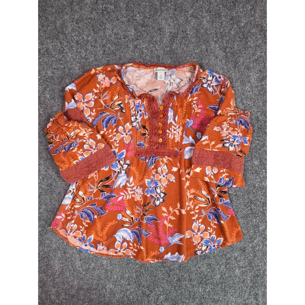 Sundance Floral Blouse Women Size M Orange Lace Trim Boho Long Sleeve Top